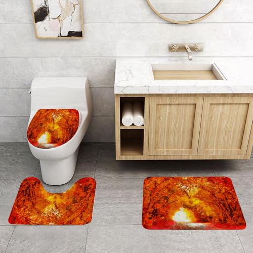 QRFASFZO 3 Stück Badematten und WC Vorleger Microfaser Weiches Badteppich badvorleger rutschfest Waschbar Badezimmerteppich Set,Herbstlandschaft orange gemalt Palettenmesser. Digitale Malerei. von QRFASFZO