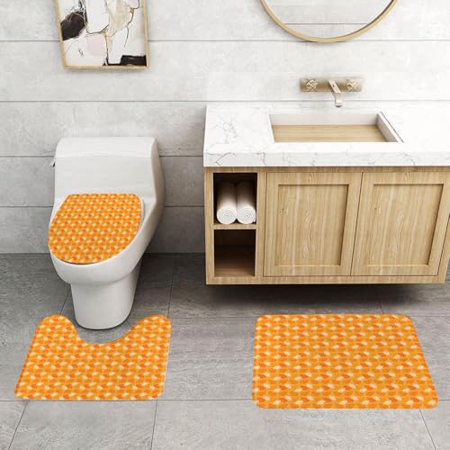 QRFASFZO 3 Stück Badematten und WC Vorleger Microfaser Weiches Badteppich badvorleger rutschfest Waschbar Badezimmerteppich Set,Herbstlaub-Design, nahtloses Muster aus orangefarbenen und weißen Blät von QRFASFZO