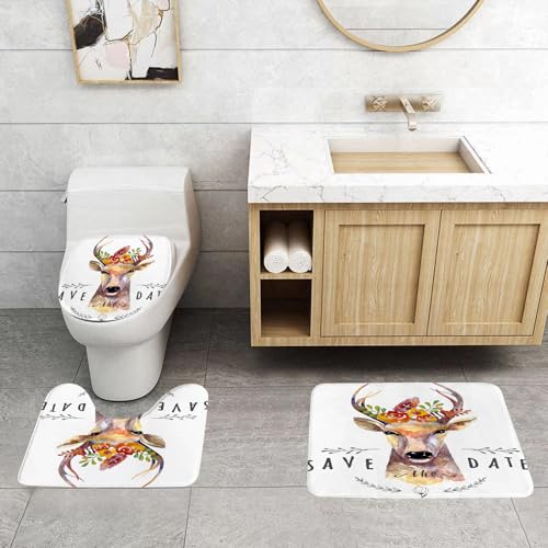 QRFASFZO 3 Stück Badematten und WC Vorleger Microfaser Weiches Badteppich badvorleger rutschfest Waschbar Badezimmerteppich Set,Hirsch, EIN Hirsch mit Einer Hand und Einer Blumenkrone darüber, perfe von QRFASFZO