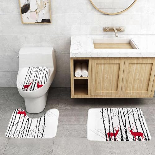 QRFASFZO 3 Stück Badematten und WC Vorleger Microfaser Weiches Badteppich badvorleger rutschfest Waschbar Badezimmerteppich Set,Hirschgeweih Dekoration, roter Weihnachtshirsch mit Birkenmotiv Hirsch von QRFASFZO