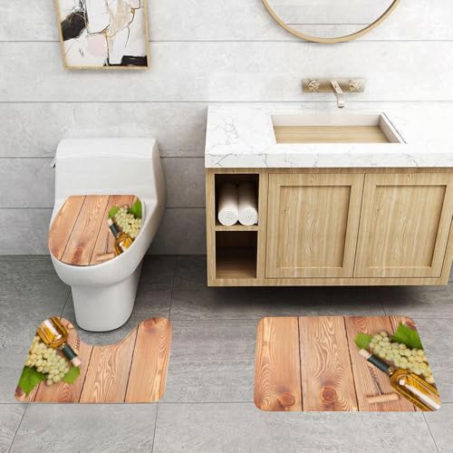 QRFASFZO 3 Stück Badematten und WC Vorleger Microfaser Weiches Badteppich badvorleger rutschfest Waschbar Badezimmerteppich Set,Hölzerner Esstisch-Display mit Einer Flasche Weißwein, Flaschenöffner von QRFASFZO
