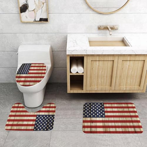 QRFASFZO 3 Stück Badematten und WC Vorleger Microfaser Weiches Badteppich badvorleger rutschfest Waschbar Badezimmerteppich Set,Hölzerner Zaun mit USA-Flaggenmuster. Unabhängigkeitstag-Konzept von QRFASFZO
