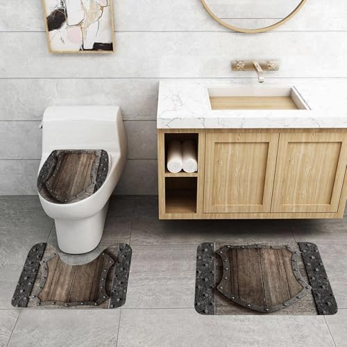 QRFASFZO 3 Stück Badematten und WC Vorleger Microfaser Weiches Badteppich badvorleger rutschfest Waschbar Badezimmerteppich Set,Holzschild auf mittelalterlichem Burgtor 3D-Illustration von QRFASFZO