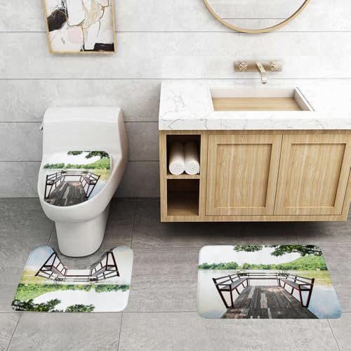 QRFASFZO 3 Stück Badematten und WC Vorleger Microfaser Weiches Badteppich badvorleger rutschfest Waschbar Badezimmerteppich Set,Holzsteg in der Natur, ruhige Uferpromenade, Steg mit Blick auf üppige von QRFASFZO