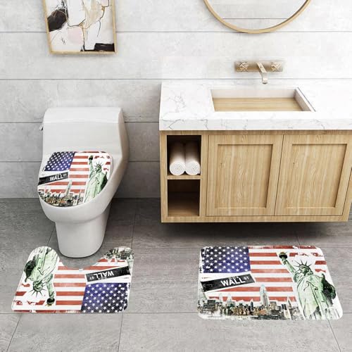 QRFASFZO 3 Stück Badematten und WC Vorleger Microfaser Weiches Badteppich badvorleger rutschfest Waschbar Badezimmerteppich Set,Ikonische amerikanische Flagge, Freiheitsstatue, Wall Street-Logo und QRFASFZO 3 Stück Badematten und WC Vorleger Microfaser Weiches Badteppich badvorleger rutschfest Waschbar Badezimmerteppich Set,Ikonische amerikanische Flagge, Freiheitsstatue, Wall Street-Logo und von QRFASFZO