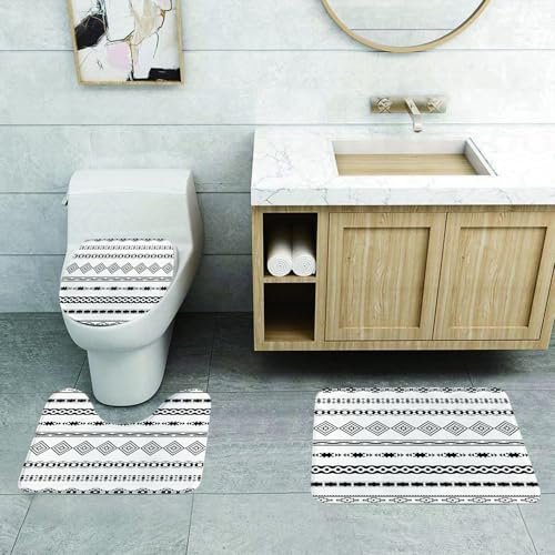 QRFASFZO 3 Stück Badematten und WC Vorleger Microfaser Weiches Badteppich badvorleger rutschfest Waschbar Badezimmerteppich Set,Indianer, ethnische abstrakte geometrische Formen, Stammes-Azteken-Eff von QRFASFZO