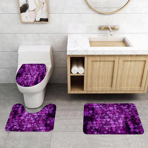 QRFASFZO 3 Stück Badematten und WC Vorleger Microfaser Weiches Badteppich badvorleger rutschfest Waschbar Badezimmerteppich Set,Indigo, Retro Vintage 60er Jahre inspirierte Kreise aus Punkten auf Gr von QRFASFZO