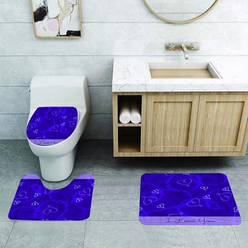 QRFASFZO 3 Stück Badematten und WC Vorleger Microfaser Weiches Badteppich badvorleger rutschfest Waschbar Badezimmerteppich Set,Indigo, lavendelfarbenes, Romantisches Motivbild mit handgezeichneten von QRFASFZO
