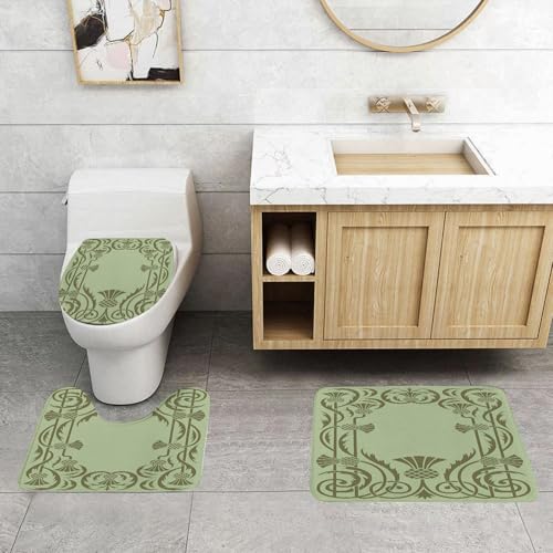 QRFASFZO 3 Stück Badematten und WC Vorleger Microfaser Weiches Badteppich badvorleger rutschfest Waschbar Badezimmerteppich Set,Jugendstil, Botanisches Rahmenwerk mit Ananas, exotische Natur inspiri von QRFASFZO