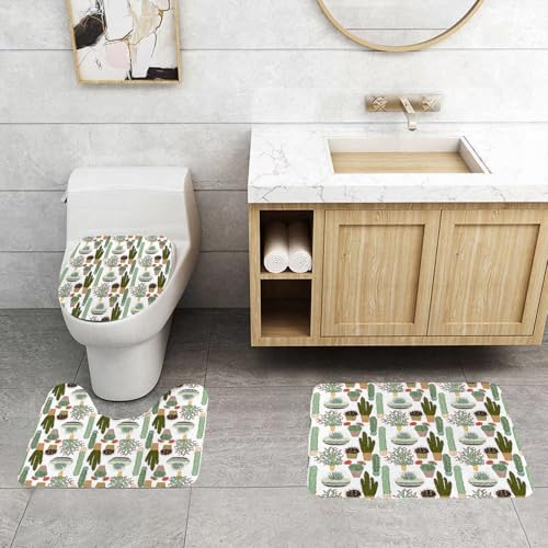 QRFASFZO 3 Stück Badematten und WC Vorleger Microfaser Weiches Badteppich badvorleger rutschfest Waschbar Badezimmerteppich Set,Kaktus, Nahtlos wiederholtes Designmuster verschiedener Kakteen und Su von QRFASFZO