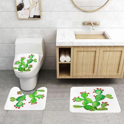 QRFASFZO 3 Stück Badematten und WC Vorleger Microfaser Weiches Badteppich badvorleger rutschfest Waschbar Badezimmerteppich Set,Kaktus, farbenfrohe Aquarellzeichnung üppiger grüner Kaktuspflanzenkun von QRFASFZO
