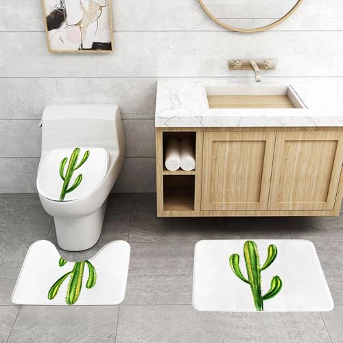 QRFASFZO 3 Stück Badematten und WC Vorleger Microfaser Weiches Badteppich badvorleger rutschfest Waschbar Badezimmerteppich Set,Kaktus, handgezeichneter Aquarell-Cartoon-Kaktus auf weißem Hintergrun von QRFASFZO
