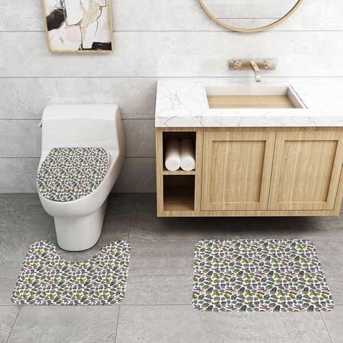 QRFASFZO 3 Stück Badematten und WC Vorleger Microfaser Weiches Badteppich badvorleger rutschfest Waschbar Badezimmerteppich Set,Kaktus, nahtloses Muster verschiedener Topfkakteen in Sich wiederholen von QRFASFZO