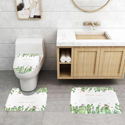 QRFASFZO 3 Stück Badematten und WC Vorleger Microfaser Weiches Badteppich badvorleger rutschfest Waschbar Badezimmerteppich Set,Kaktus-Aquarell-Design, Hintergrund-Vorlagenpostkarte mit Kaktus und w von QRFASFZO