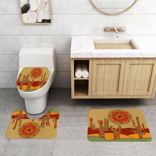 QRFASFZO 3 Stück Badematten und WC Vorleger Microfaser Weiches Badteppich badvorleger rutschfest Waschbar Badezimmerteppich Set,Kaktus-Dekoration, Design im Cartoon-Stil, Hintergrund mit traditionel von QRFASFZO