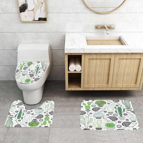 QRFASFZO 3 Stück Badematten und WC Vorleger Microfaser Weiches Badteppich badvorleger rutschfest Waschbar Badezimmerteppich Set,Kaktus-Dekoration, Sich wiederholendes nahtloses Muster von Igel und K von QRFASFZO