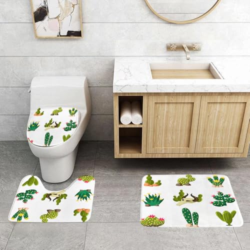 QRFASFZO 3 Stück Badematten und WC Vorleger Microfaser Weiches Badteppich badvorleger rutschfest Waschbar Badezimmerteppich Set,Kaktus-Dekoration, lustiges Design Einer Reihe von Cartoon-Kakteen und von QRFASFZO