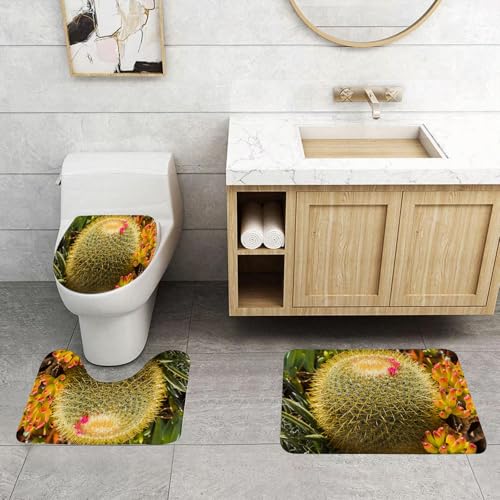 QRFASFZO 3 Stück Badematten und WC Vorleger Microfaser Weiches Badteppich badvorleger rutschfest Waschbar Badezimmerteppich Set,Kaktusdekoration, blühender Goldener Kaktus, umgeben von farbenfrohem, von QRFASFZO