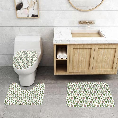 QRFASFZO 3 Stück Badematten und WC Vorleger Microfaser Weiches Badteppich badvorleger rutschfest Waschbar Badezimmerteppich Set,Kaktusdekoration, farbenfrohe Nahtlose Kakteen und Sukkulenten auf wei von QRFASFZO