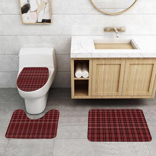 QRFASFZO 3 Stück Badematten und WC Vorleger Microfaser Weiches Badteppich badvorleger rutschfest Waschbar Badezimmerteppich Set,Kariertes Gitter, klassisches rot-schwarzes Gitter, das Sich überschne QRFASFZO 3 Stück Badematten und WC Vorleger Microfaser Weiches Badteppich badvorleger rutschfest Waschbar Badezimmerteppich Set,Kariertes Gitter, klassisches rot-schwarzes Gitter, das Sich überschne von QRFASFZO