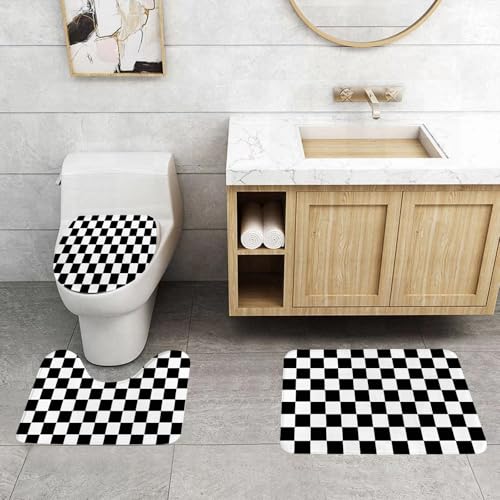 QRFASFZO 3 Stück Badematten und WC Vorleger Microfaser Weiches Badteppich badvorleger rutschfest Waschbar Badezimmerteppich Set,Kariertes Gitter, klassisches schwarz-weißes Schachbrettdesign von QRFASFZO