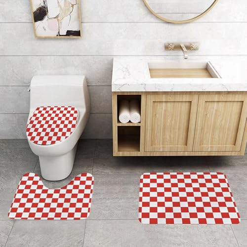 QRFASFZO 3 Stück Badematten und WC Vorleger Microfaser Weiches Badteppich badvorleger rutschfest Waschbar Badezimmerteppich Set,Kariertes Gitterdesign, klassisches rot-weißes Gitter-Repetitivdesign QRFASFZO 3 Stück Badematten und WC Vorleger Microfaser Weiches Badteppich badvorleger rutschfest Waschbar Badezimmerteppich Set,Kariertes Gitterdesign, klassisches rot-weißes Gitter-Repetitivdesign von QRFASFZO