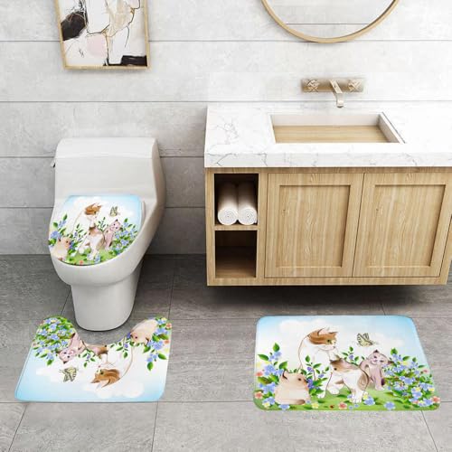 QRFASFZO 3 Stück Badematten und WC Vorleger Microfaser Weiches Badteppich badvorleger rutschfest Waschbar Badezimmerteppich Set,Katze, Vier Kätzchen im Cartoon-Stil, umgeben von Blumen, und daneben QRFASFZO 3 Stück Badematten und WC Vorleger Microfaser Weiches Badteppich badvorleger rutschfest Waschbar Badezimmerteppich Set,Katze, Vier Kätzchen im Cartoon-Stil, umgeben von Blumen, und daneben von QRFASFZO