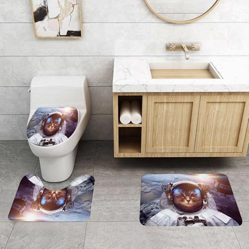 QRFASFZO 3 Stück Badematten und WC Vorleger Microfaser Weiches Badteppich badvorleger rutschfest Waschbar Badezimmerteppich Set,Katze im Weltraum, Erde im Hintergrund, Kätzchen im Raumanzug, Katzena QRFASFZO 3 Stück Badematten und WC Vorleger Microfaser Weiches Badteppich badvorleger rutschfest Waschbar Badezimmerteppich Set,Katze im Weltraum, Erde im Hintergrund, Kätzchen im Raumanzug, Katzena von QRFASFZO