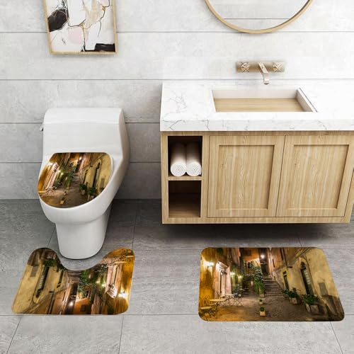 QRFASFZO 3 Stück Badematten und WC Vorleger Microfaser Weiches Badteppich badvorleger rutschfest Waschbar Badezimmerteppich Set,Kiesweg gesäumt von Efeu bedeckten Gebäuden, beleuchtet von Laternen u QRFASFZO 3 Stück Badematten und WC Vorleger Microfaser Weiches Badteppich badvorleger rutschfest Waschbar Badezimmerteppich Set,Kiesweg gesäumt von Efeu bedeckten Gebäuden, beleuchtet von Laternen u von QRFASFZO