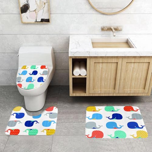 QRFASFZO 3 Stück Badematten und WC Vorleger Microfaser Weiches Badteppich badvorleger rutschfest Waschbar Badezimmerteppich Set,Kinder, Fische, Meer, nautische lustige Bunte Wale in Streifen Punkte von QRFASFZO