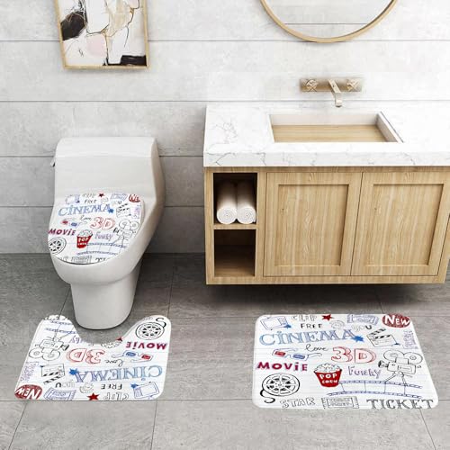 QRFASFZO 3 Stück Badematten und WC Vorleger Microfaser Weiches Badteppich badvorleger rutschfest Waschbar Badezimmerteppich Set,Kino, Verschiedene handgezeichnete Symbole auf einem Notizbuch im Stil QRFASFZO 3 Stück Badematten und WC Vorleger Microfaser Weiches Badteppich badvorleger rutschfest Waschbar Badezimmerteppich Set,Kino, Verschiedene handgezeichnete Symbole auf einem Notizbuch im Stil von QRFASFZO