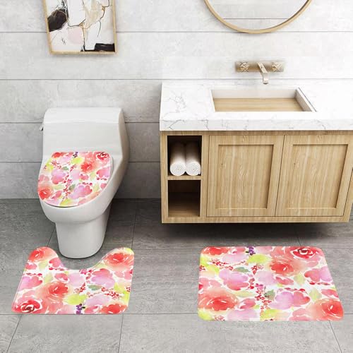 QRFASFZO 3 Stück Badematten und WC Vorleger Microfaser Weiches Badteppich badvorleger rutschfest Waschbar Badezimmerteppich Set,Kissenhülle, Aquarell Blume, Rosenblüten Blumen in warmen Farben von QRFASFZO