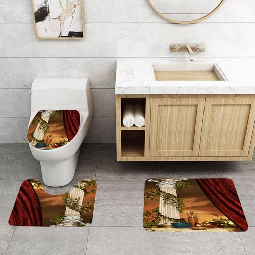 QRFASFZO 3 Stück Badematten und WC Vorleger Microfaser Weiches Badteppich badvorleger rutschfest Waschbar Badezimmerteppich Set,Klassisch, rote Vorhänge und Dekorationen mit Säulen, Vorhänge und DEK von QRFASFZO