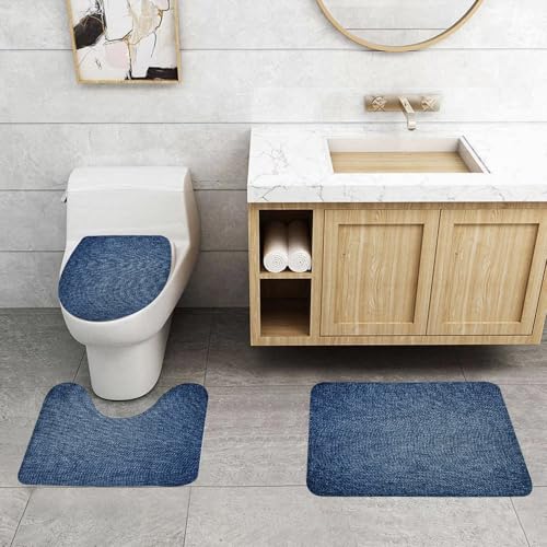 QRFASFZO 3 Stück Badematten und WC Vorleger Microfaser Weiches Badteppich badvorleger rutschfest Waschbar Badezimmerteppich Set,Klassische Denim-Textur mit charakteristischem blauem Stoff mit ikonis QRFASFZO 3 Stück Badematten und WC Vorleger Microfaser Weiches Badteppich badvorleger rutschfest Waschbar Badezimmerteppich Set,Klassische Denim-Textur mit charakteristischem blauem Stoff mit ikonis von QRFASFZO