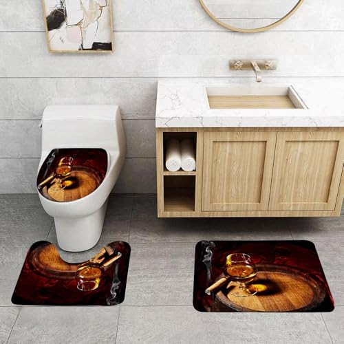 QRFASFZO 3 Stück Badematten und WC Vorleger Microfaser Weiches Badteppich badvorleger rutschfest Waschbar Badezimmerteppich Set,Klassische Fusion, Brandy spiegelt Sich im Glas und Zigarre auf Alten von QRFASFZO