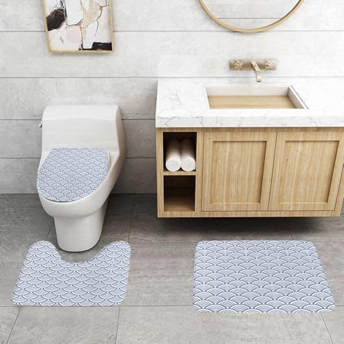 QRFASFZO 3 Stück Badematten und WC Vorleger Microfaser Weiches Badteppich badvorleger rutschfest Waschbar Badezimmerteppich Set,Klassische blau-weiße Wellen, ewige ozeanblaue und weiße Kräuselungen, von QRFASFZO