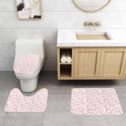 QRFASFZO 3 Stück Badematten und WC Vorleger Microfaser Weiches Badteppich badvorleger rutschfest Waschbar Badezimmerteppich Set,Klassisches Weihnachtsthema, rot-weiß gestreifte Bonbons und Sterne au von QRFASFZO