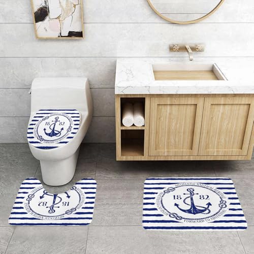 QRFASFZO 3 Stück Badematten und WC Vorleger Microfaser Weiches Badteppich badvorleger rutschfest Waschbar Badezimmerteppich Set,Klassisches nautisches Abzeichen, Ankersymbol umgeben von Seilen und Z von QRFASFZO
