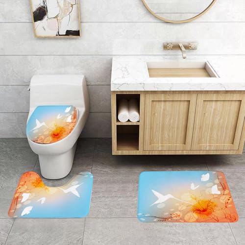 QRFASFZO 3 Stück Badematten und WC Vorleger Microfaser Weiches Badteppich badvorleger rutschfest Waschbar Badezimmerteppich Set,Kolibri-Dekorationen, Kolibri- und Schmetterlings-Silhouetten, Blumen, von QRFASFZO