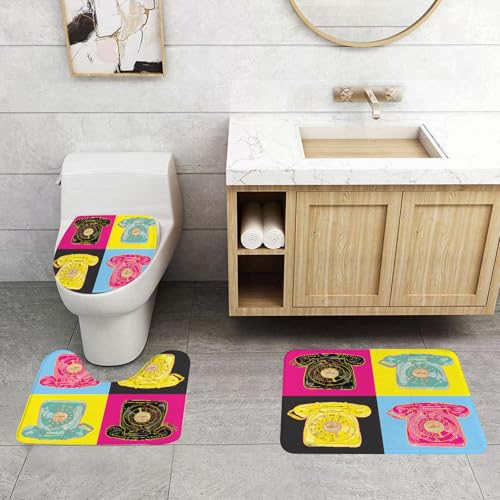 QRFASFZO 3 Stück Badematten und WC Vorleger Microfaser Weiches Badteppich badvorleger rutschfest Waschbar Badezimmerteppich Set,Kommunikation Bunt Zeichnung Farbe Warhol Pop Telefon Andy Funky Cool von QRFASFZO