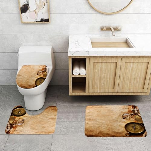 QRFASFZO 3 Stück Badematten und WC Vorleger Microfaser Weiches Badteppich badvorleger rutschfest Waschbar Badezimmerteppich Set,Kompassdeko, Kompass, Gläser und Seile auf verwittertem Pergament arra von QRFASFZO