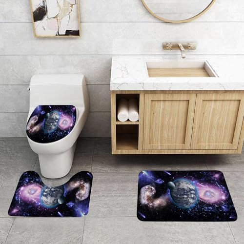 QRFASFZO 3 Stück Badematten und WC Vorleger Microfaser Weiches Badteppich badvorleger rutschfest Waschbar Badezimmerteppich Set,Kosmische Landschaft, Erde und Verschiedene Himmelskörper, Erde, Galax von QRFASFZO