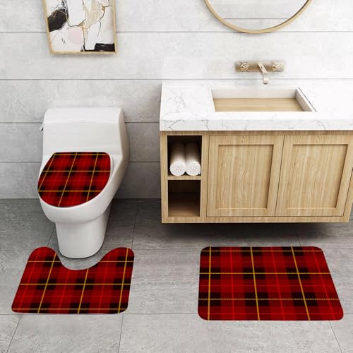 QRFASFZO 3 Stück Badematten und WC Vorleger Microfaser Weiches Badteppich badvorleger rutschfest Waschbar Badezimmerteppich Set,Kräftiges rot-schwarzes Karomuster, klassisches Karodesign mit leuchte QRFASFZO 3 Stück Badematten und WC Vorleger Microfaser Weiches Badteppich badvorleger rutschfest Waschbar Badezimmerteppich Set,Kräftiges rot-schwarzes Karomuster, klassisches Karodesign mit leuchte von QRFASFZO