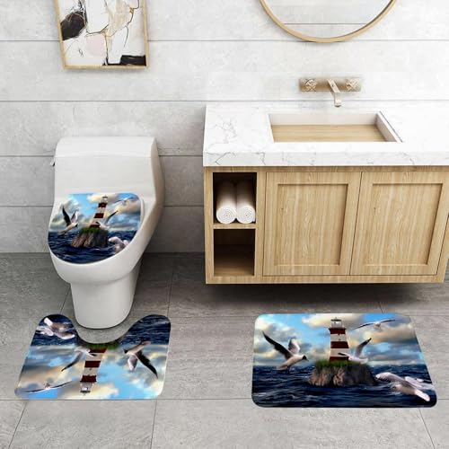 QRFASFZO 3 Stück Badematten und WC Vorleger Microfaser Weiches Badteppich badvorleger rutschfest Waschbar Badezimmerteppich Set,Küstenleuchtturm, rot-weißer Leuchtturm auf einem Felsvorsprung, umgeb von QRFASFZO