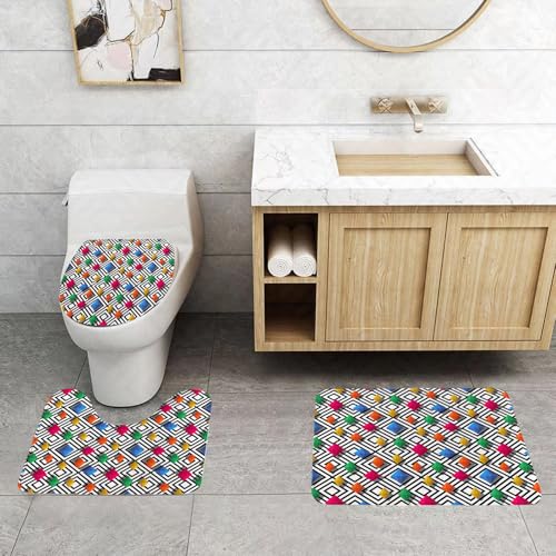 QRFASFZO 3 Stück Badematten und WC Vorleger Microfaser Weiches Badteppich badvorleger rutschfest Waschbar Badezimmerteppich Set,Kunst, Bunte 3D-Diamanten, geometrisches Design in dynamischem Schwarz QRFASFZO 3 Stück Badematten und WC Vorleger Microfaser Weiches Badteppich badvorleger rutschfest Waschbar Badezimmerteppich Set,Kunst, Bunte 3D-Diamanten, geometrisches Design in dynamischem Schwarz von QRFASFZO