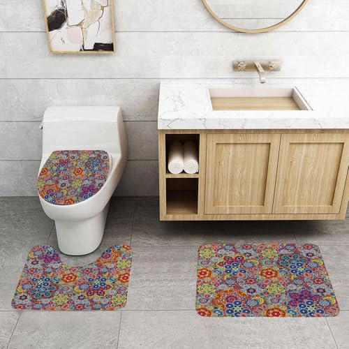 QRFASFZO 3 Stück Badematten und WC Vorleger Microfaser Weiches Badteppich badvorleger rutschfest Waschbar Badezimmerteppich Set,Kunst, Retro-Kombination verschachteltes Paisley-Thema farbige Blumen- QRFASFZO 3 Stück Badematten und WC Vorleger Microfaser Weiches Badteppich badvorleger rutschfest Waschbar Badezimmerteppich Set,Kunst, Retro-Kombination verschachteltes Paisley-Thema farbige Blumen- von QRFASFZO