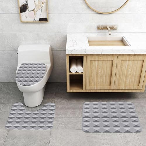 QRFASFZO 3 Stück Badematten und WC Vorleger Microfaser Weiches Badteppich badvorleger rutschfest Waschbar Badezimmerteppich Set,Kunst, Sich wiederholende Muster aus ineinandergreifenden grauen Dreie von QRFASFZO