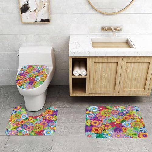QRFASFZO 3 Stück Badematten und WC Vorleger Microfaser Weiches Badteppich badvorleger rutschfest Waschbar Badezimmerteppich Set,Kunst, Sich wiederholendes Design aus Leuchtend bunten Blumen und grün QRFASFZO 3 Stück Badematten und WC Vorleger Microfaser Weiches Badteppich badvorleger rutschfest Waschbar Badezimmerteppich Set,Kunst, Sich wiederholendes Design aus Leuchtend bunten Blumen und grün von QRFASFZO