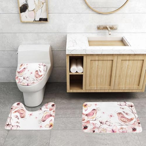 QRFASFZO 3 Stück Badematten und WC Vorleger Microfaser Weiches Badteppich badvorleger rutschfest Waschbar Badezimmerteppich Set,Kunst, Vintage-Aquarellmalerei, rosa Vögel und Blumen, Schmetterlinge QRFASFZO 3 Stück Badematten und WC Vorleger Microfaser Weiches Badteppich badvorleger rutschfest Waschbar Badezimmerteppich Set,Kunst, Vintage-Aquarellmalerei, rosa Vögel und Blumen, Schmetterlinge von QRFASFZO