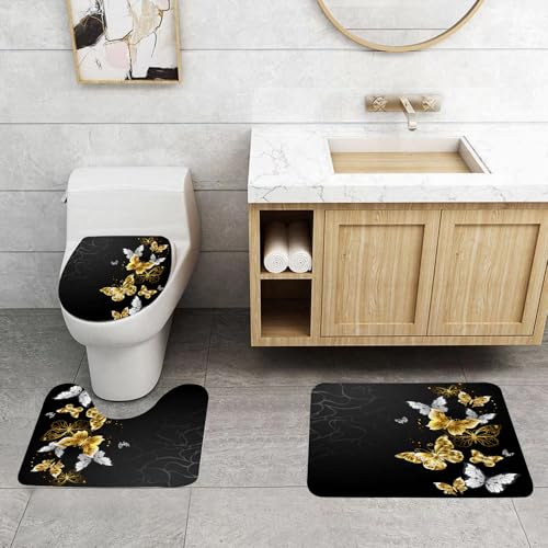 QRFASFZO 3 Stück Badematten und WC Vorleger Microfaser Weiches Badteppich badvorleger rutschfest Waschbar Badezimmerteppich Set,Kunst, eine Gruppe Goldener und weißer Schmetterlinge mit komplexen FL QRFASFZO 3 Stück Badematten und WC Vorleger Microfaser Weiches Badteppich badvorleger rutschfest Waschbar Badezimmerteppich Set,Kunst, eine Gruppe Goldener und weißer Schmetterlinge mit komplexen FL von QRFASFZO